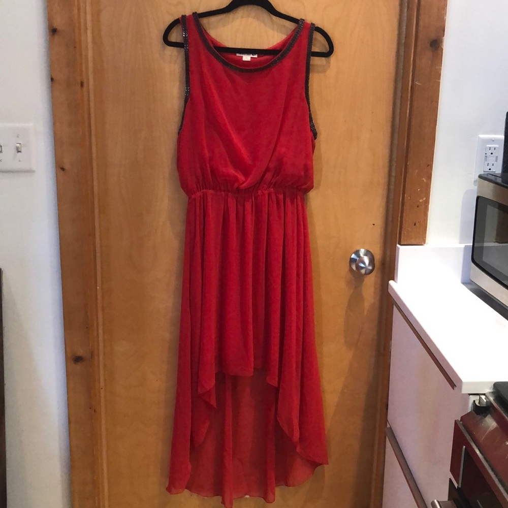 Womens red high-low dress with gunmetal chain detail